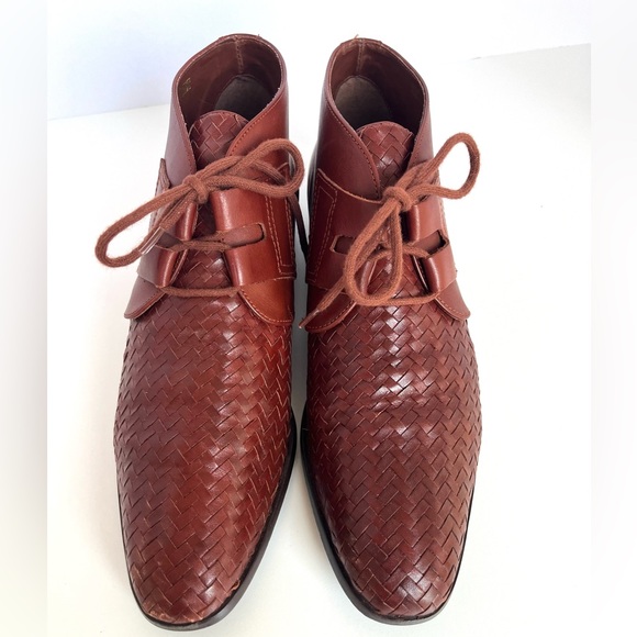 Vintage 90's Cognac Brown Woven Leather Ankle Boots Booties Pappagallo Size 8.5 - Picture 3 of 15